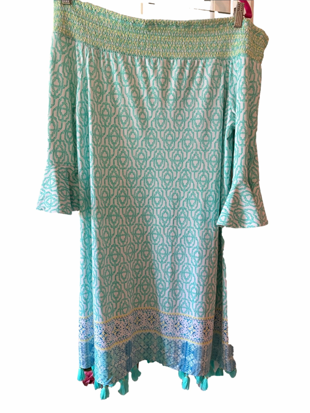 Cabana life off shoulder coastal cottage geometric print aqua, white UPF 50 XL